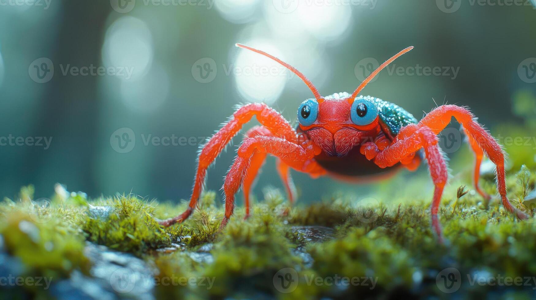A vibrant red crab spider with striking blue eyes sits amidst mossy rocks and twigs in a lush forest. photo