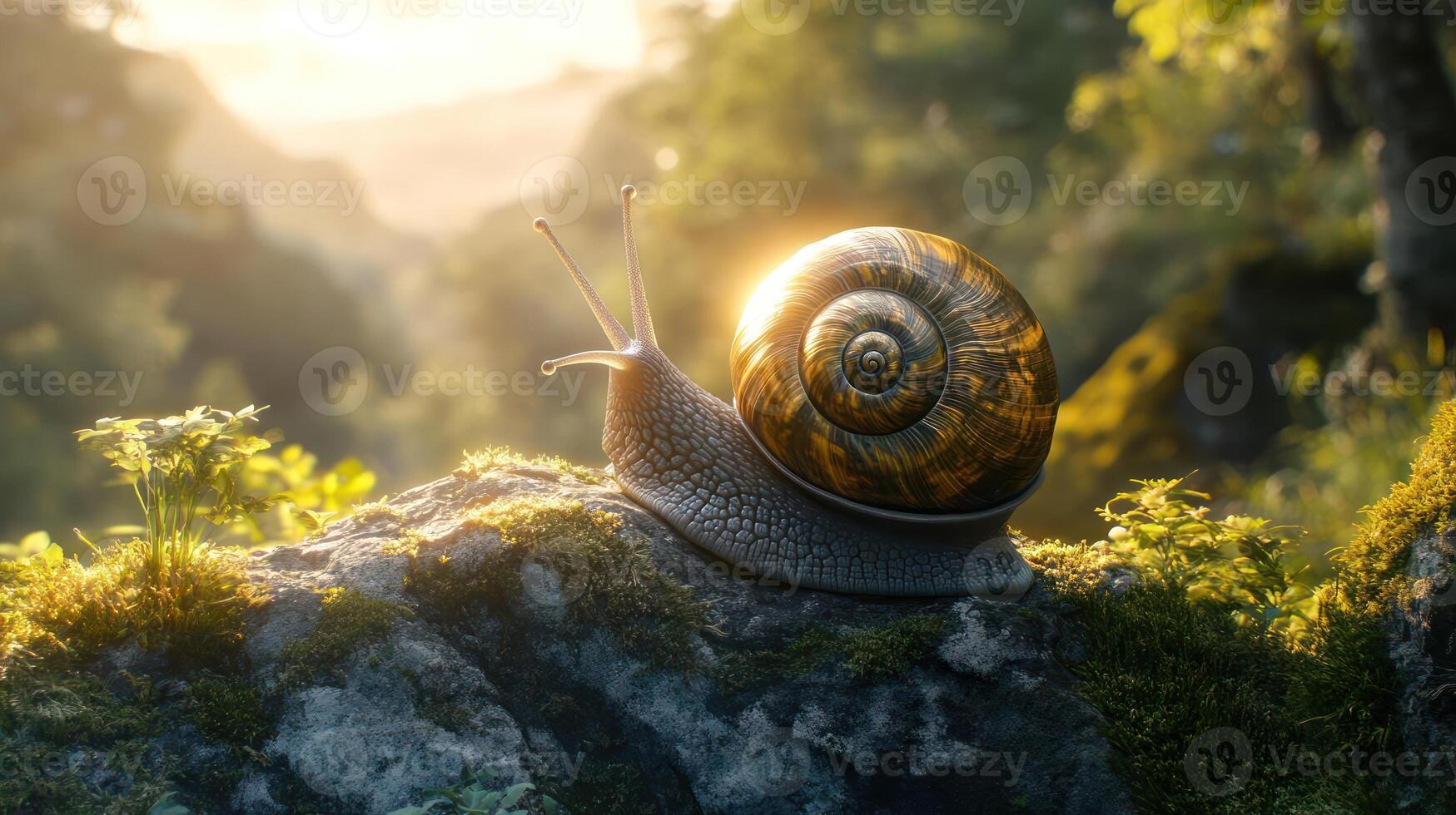 A snail sitting on a rock in nature. photo