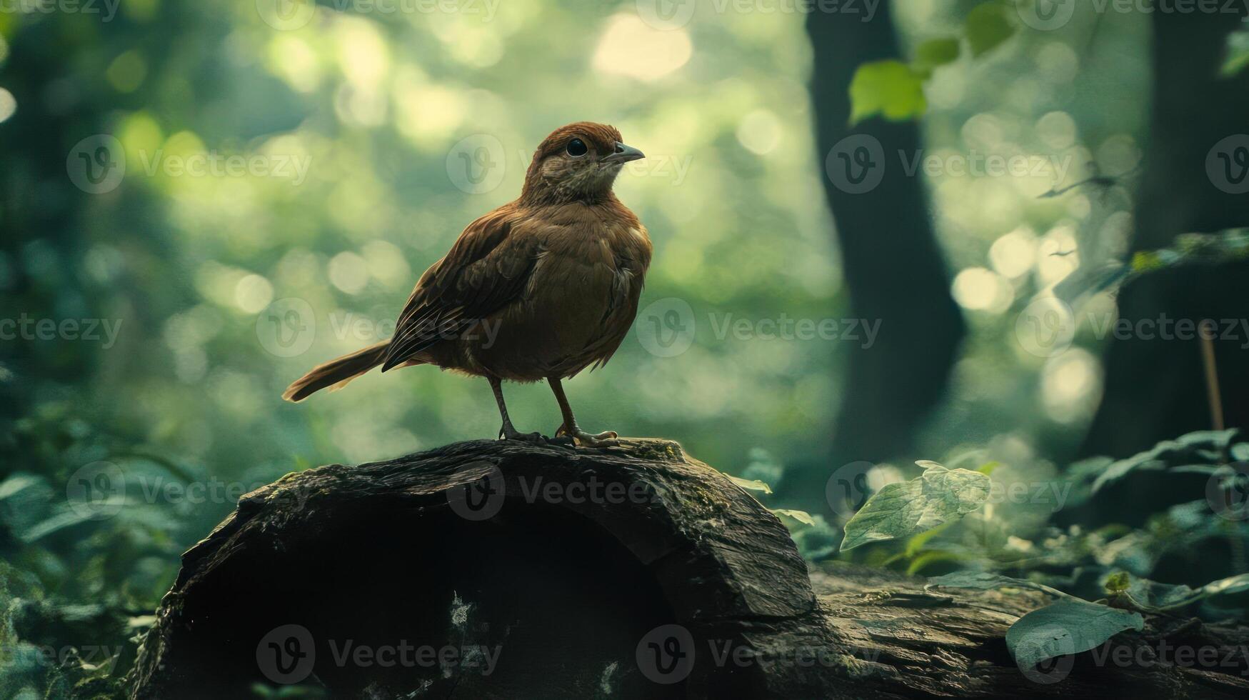 Bird perched on a log in a forest photo