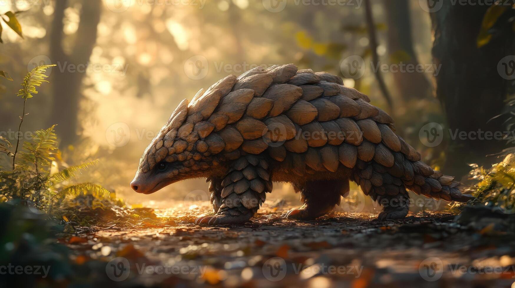 A pangolin walking through a forest photo