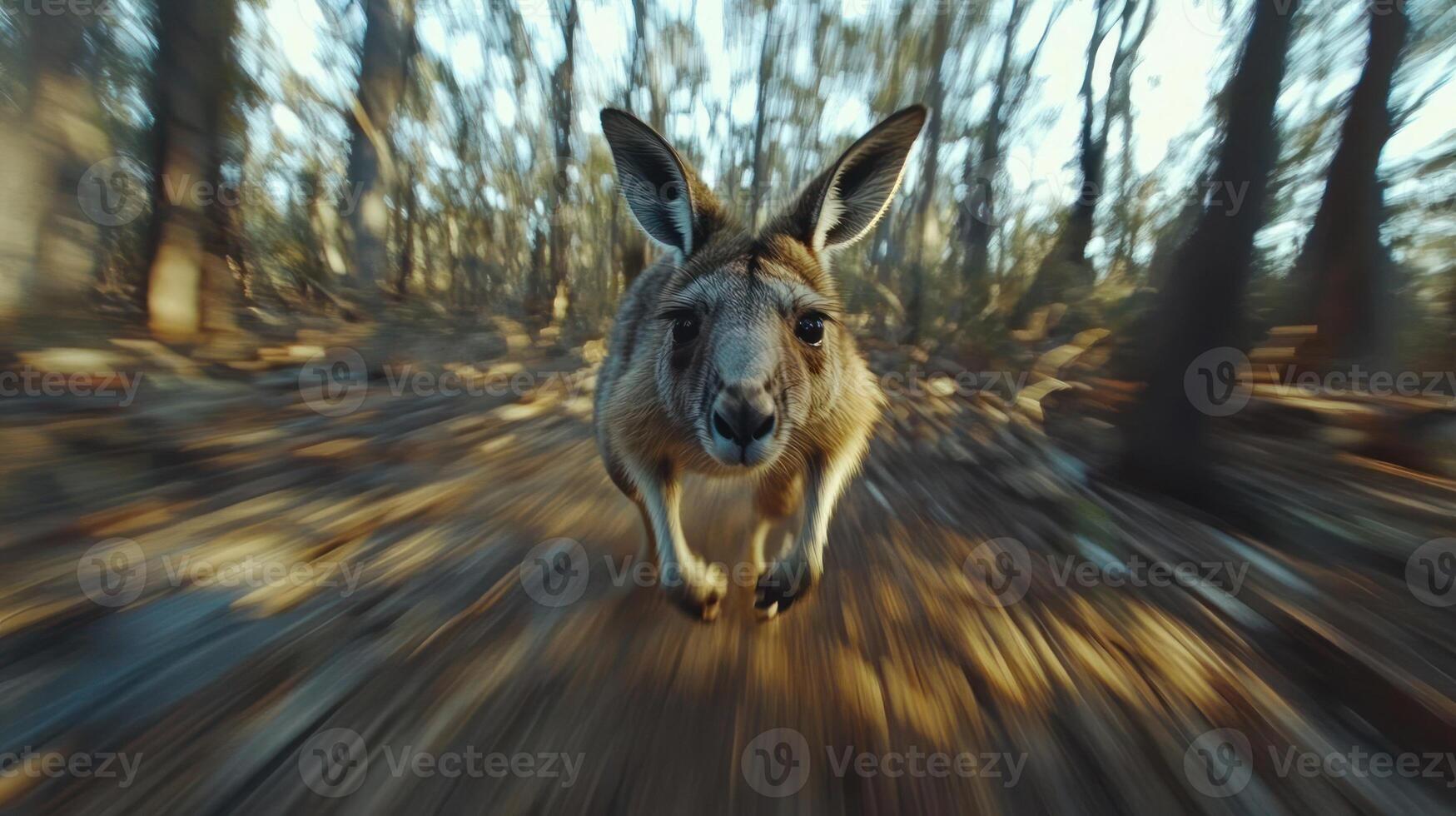 A kangaroo running through a forest. photo