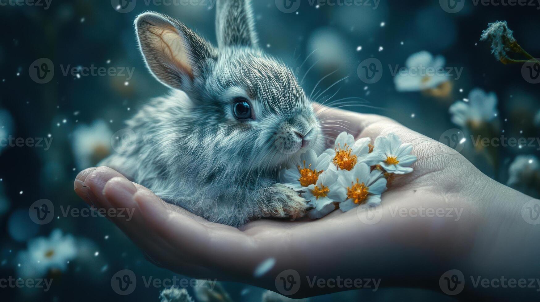 A rabbit is gently holding flowers in its hand. photo
