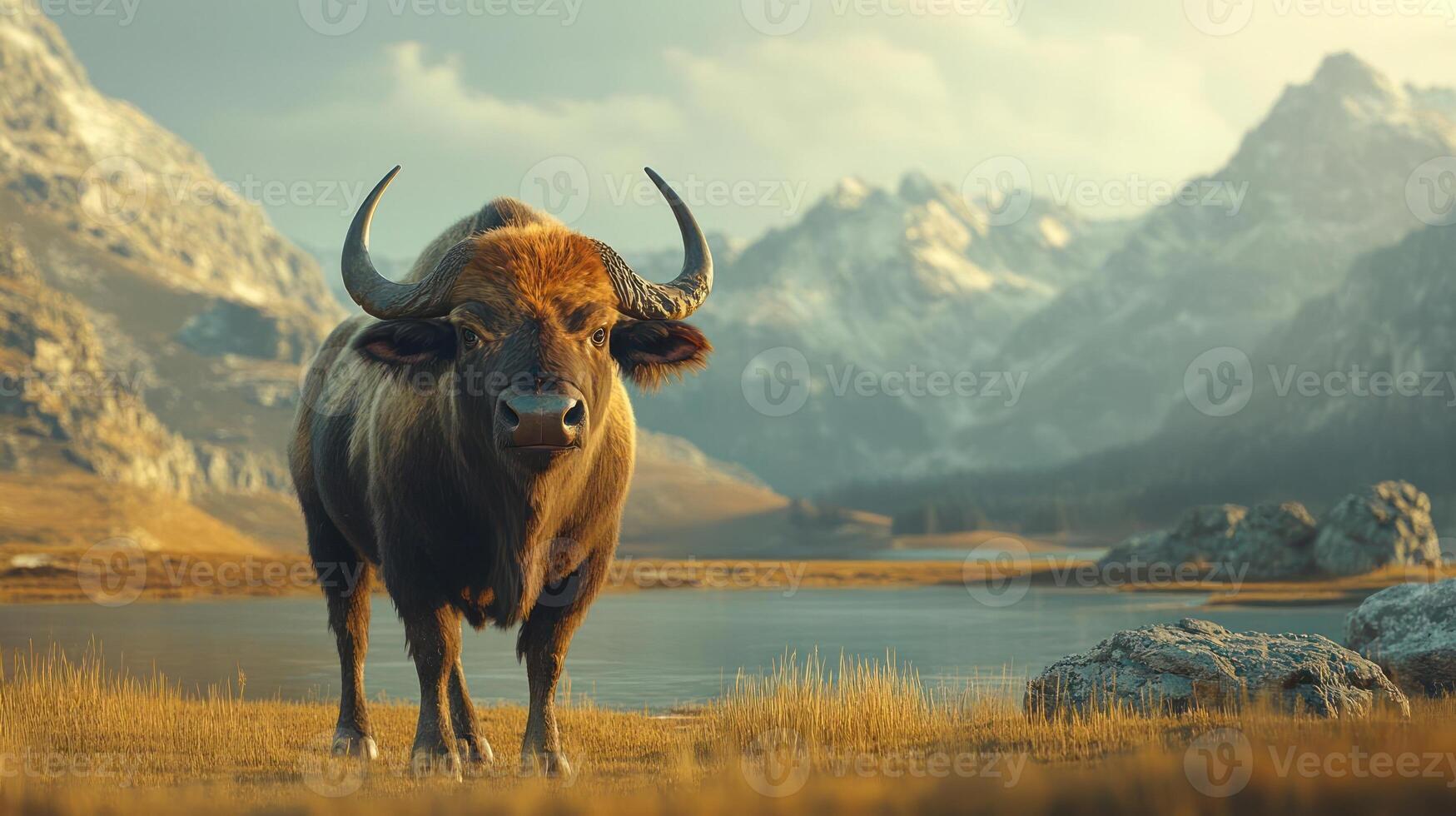 A large brown bull with horns standing in a field photo