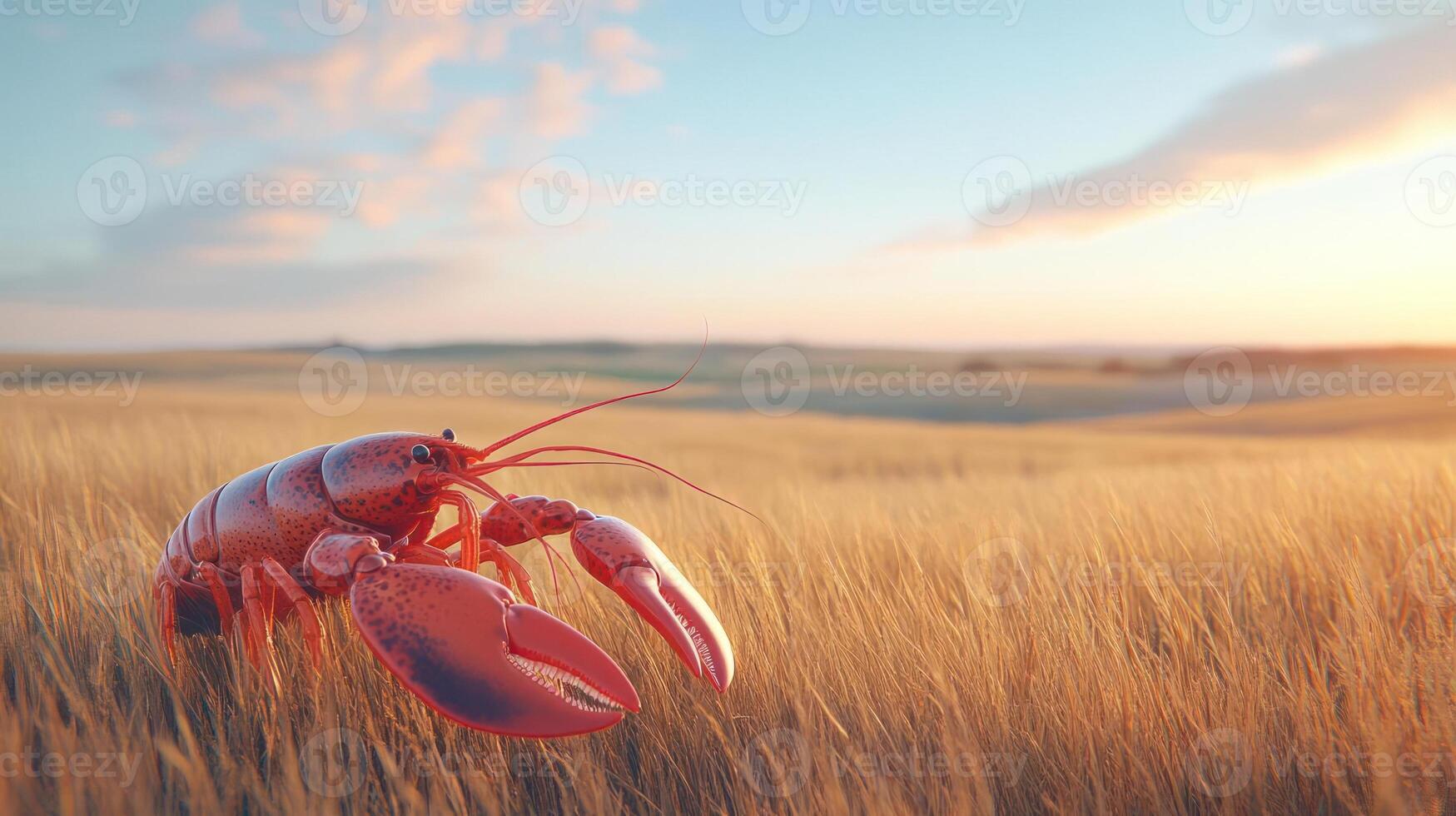 A beautiful red lobster in a field of tall grass at sunset photo