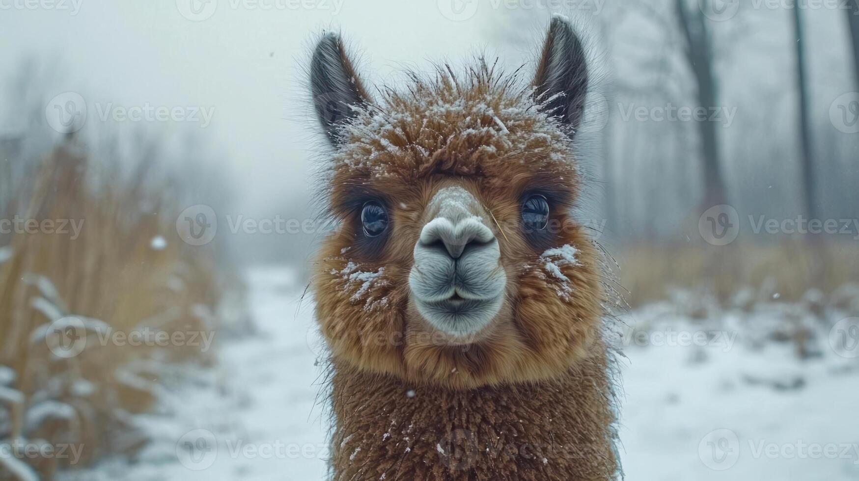 A close-up of an alpaca's face covered in snow photo