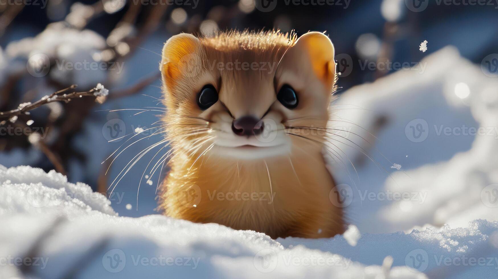 A cute weasel peeking out of the snow photo