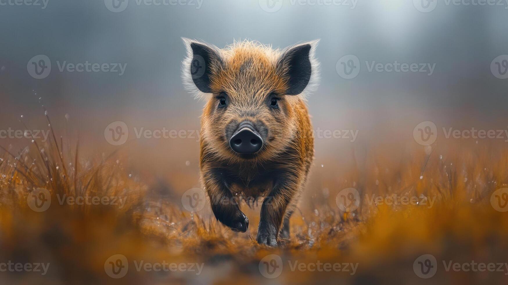 A small wild piglet running through tall grass photo