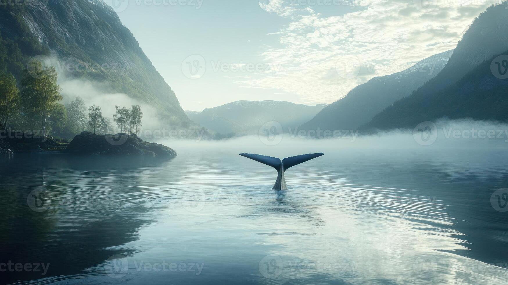 Whale tail breaks water surface amidst misty mountains photo