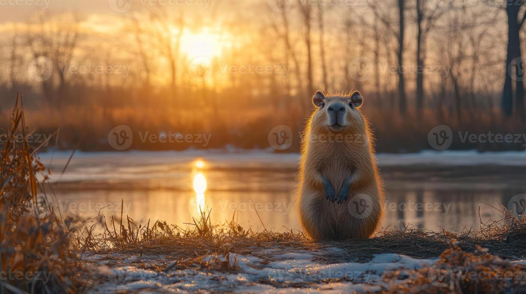 Capybara standing on snow-covered ground at sunset photo