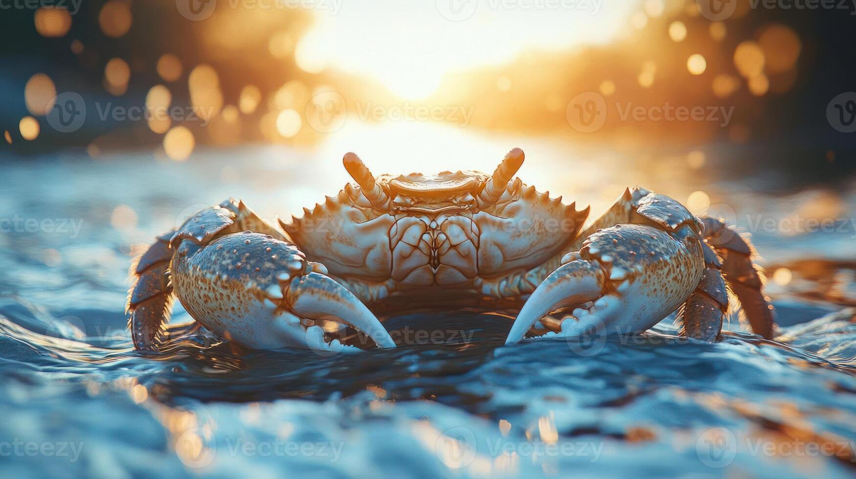 A crab is sitting on the sand. photo
