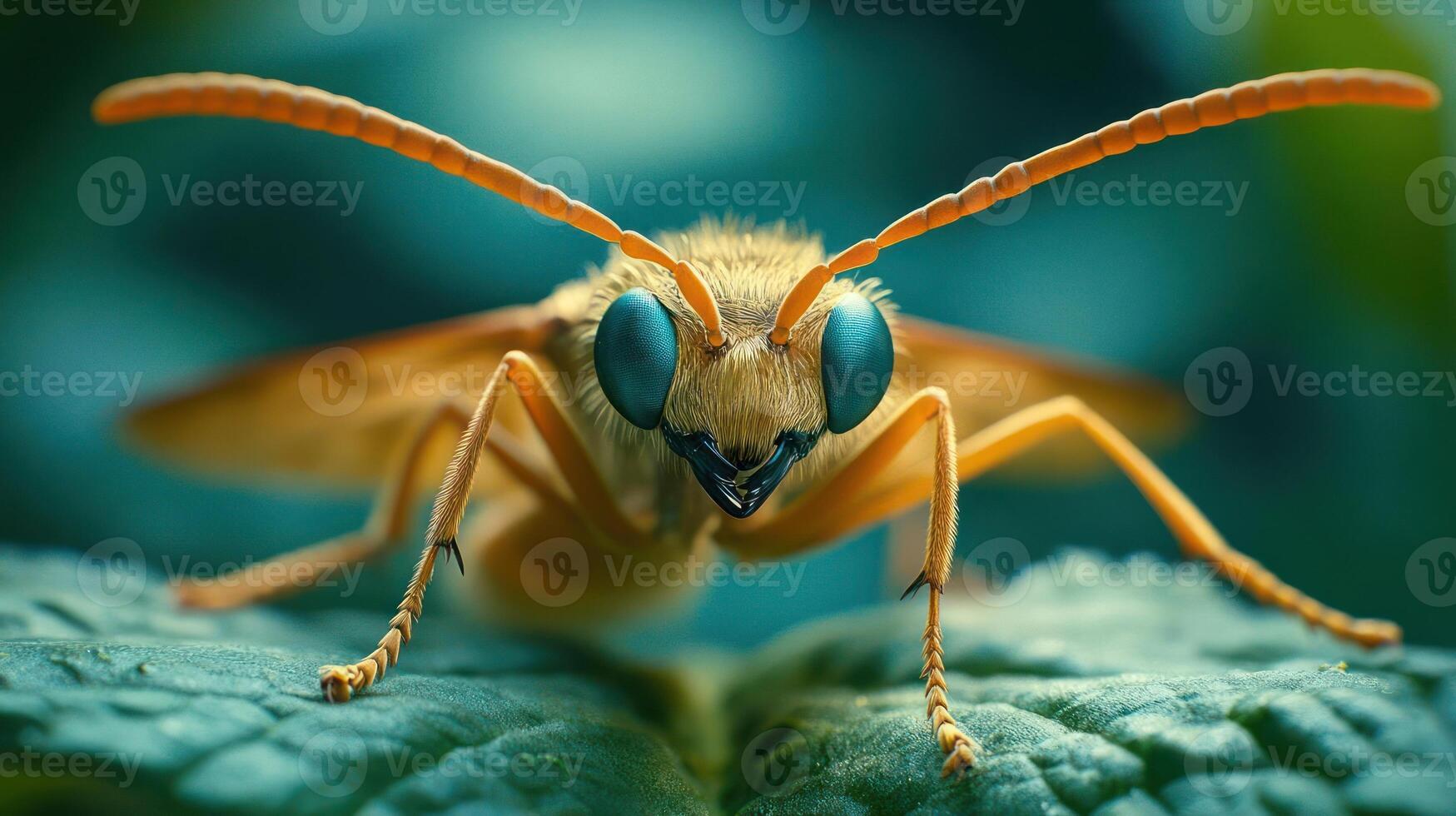 A close-up of a yellow wasp with large blue eyes photo
