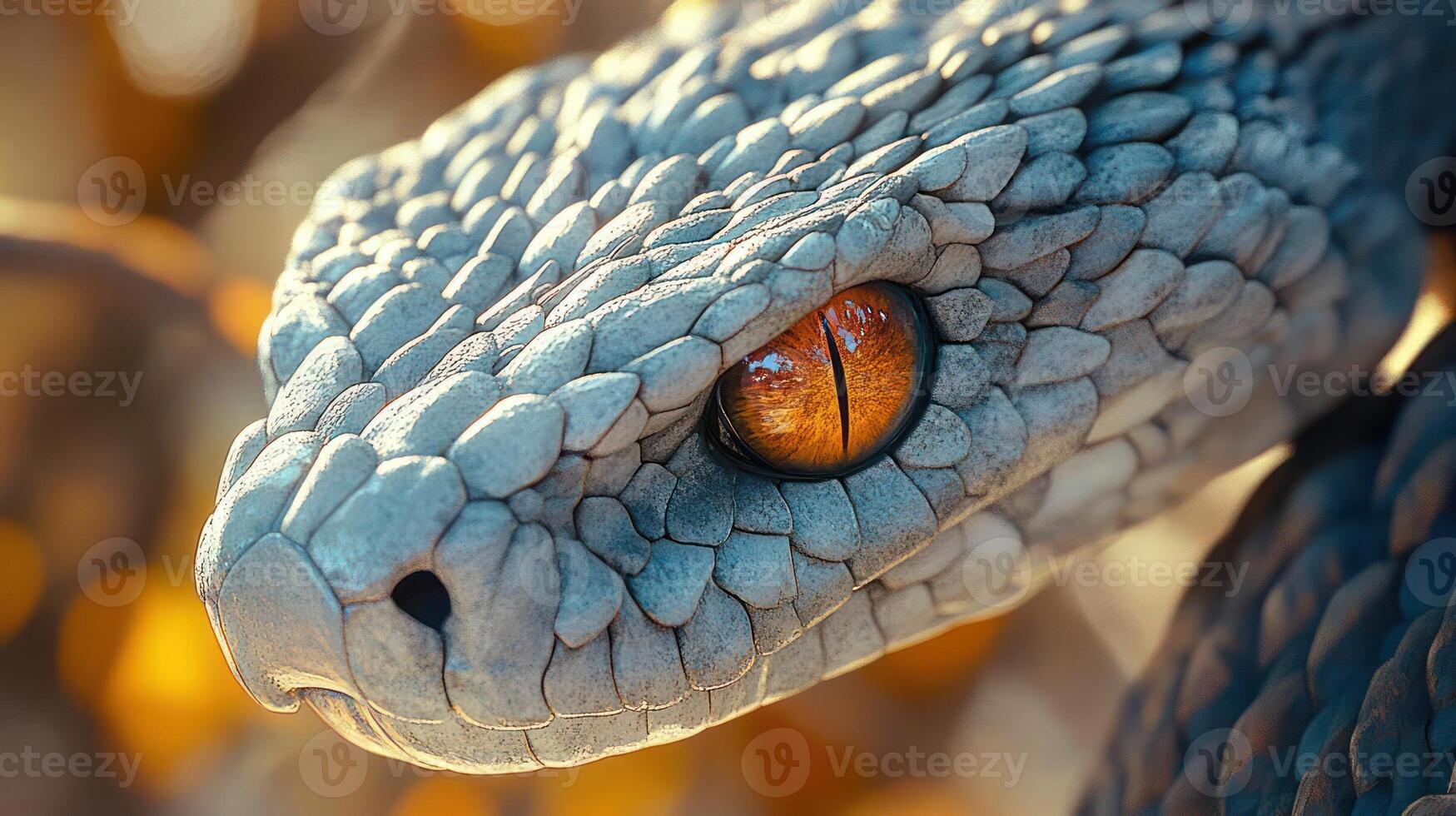 Close-up of a snake's head with orange eyes photo