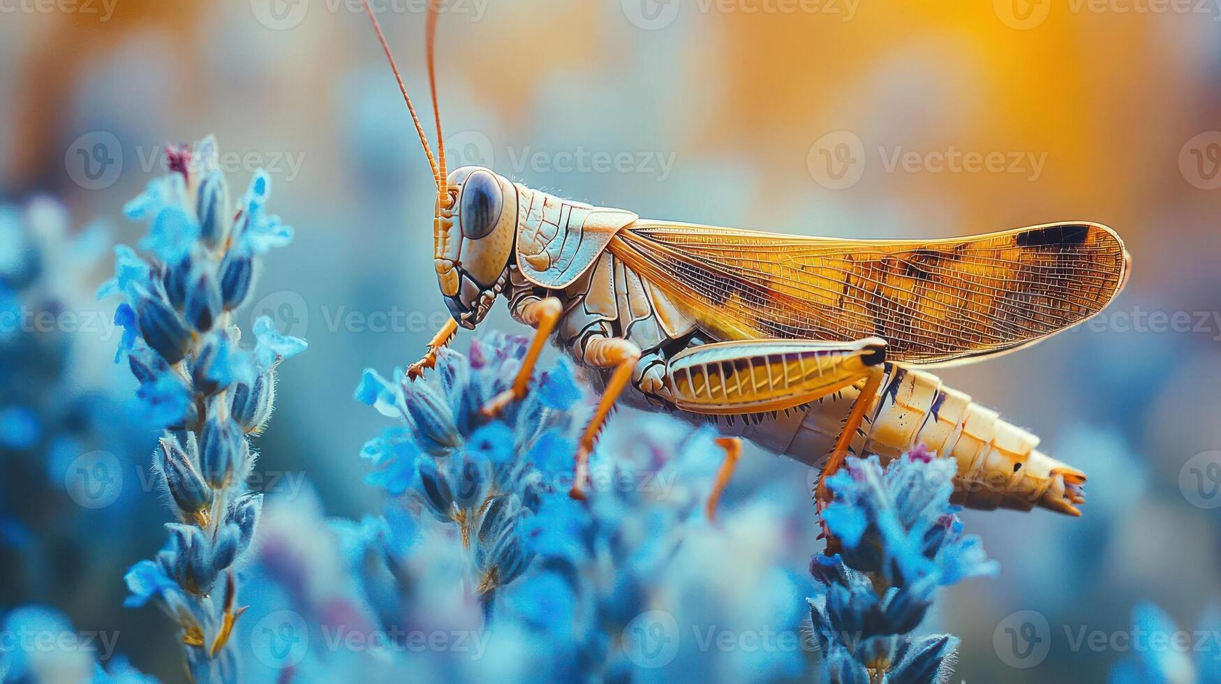 A large grasshopper on top of blue flowers. photo