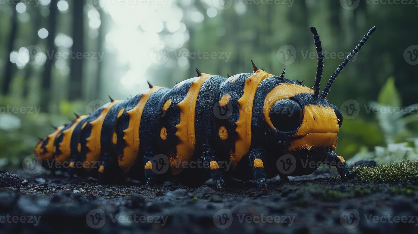 A caterpillar walks along a forest path. photo
