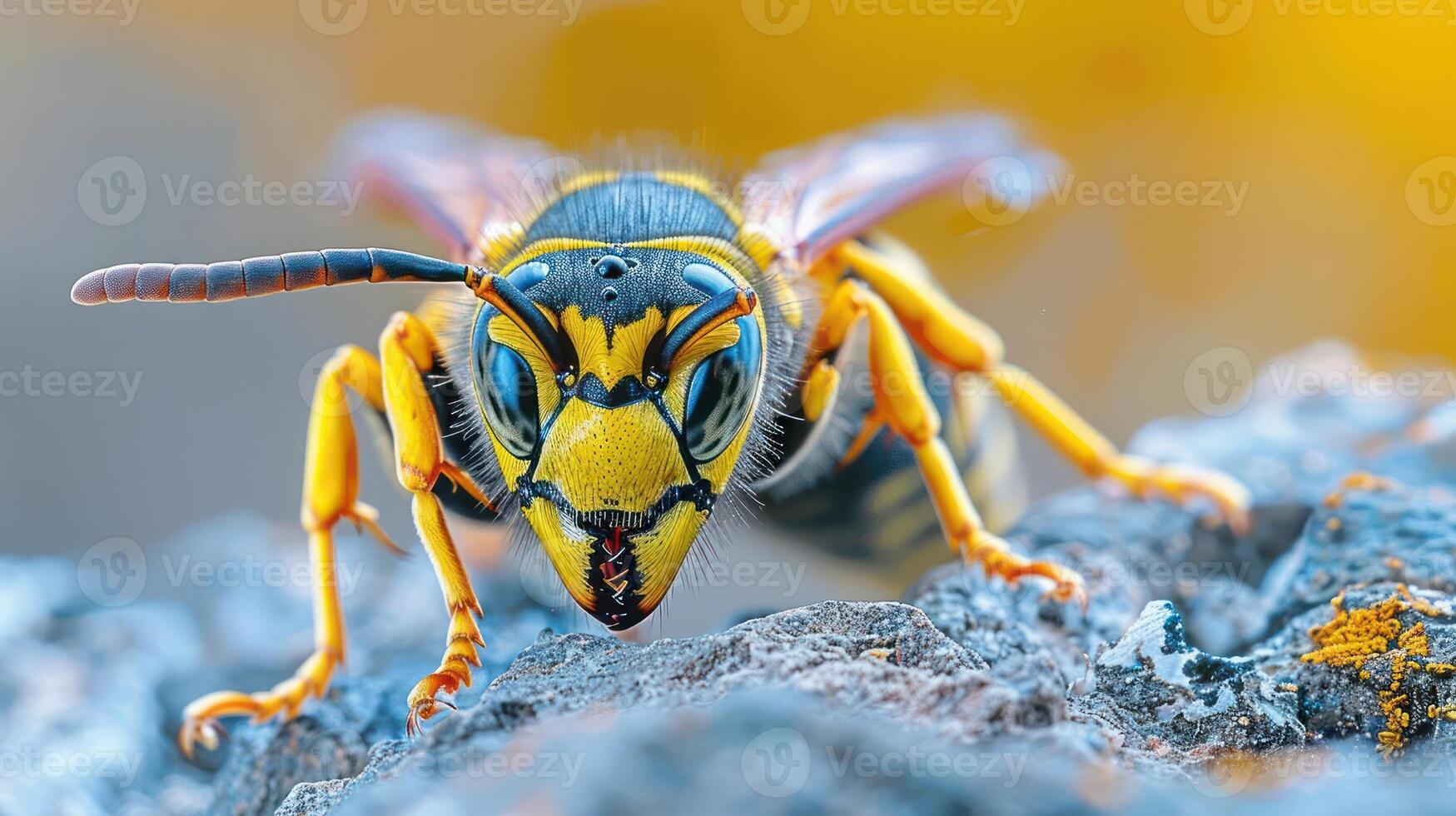 Close-up of a wasp with yellow and black stripes photo
