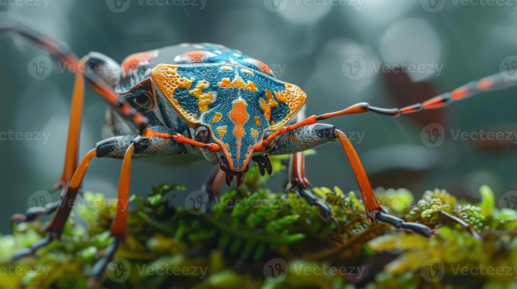 A close-up of a colorful beetle on green moss. photo