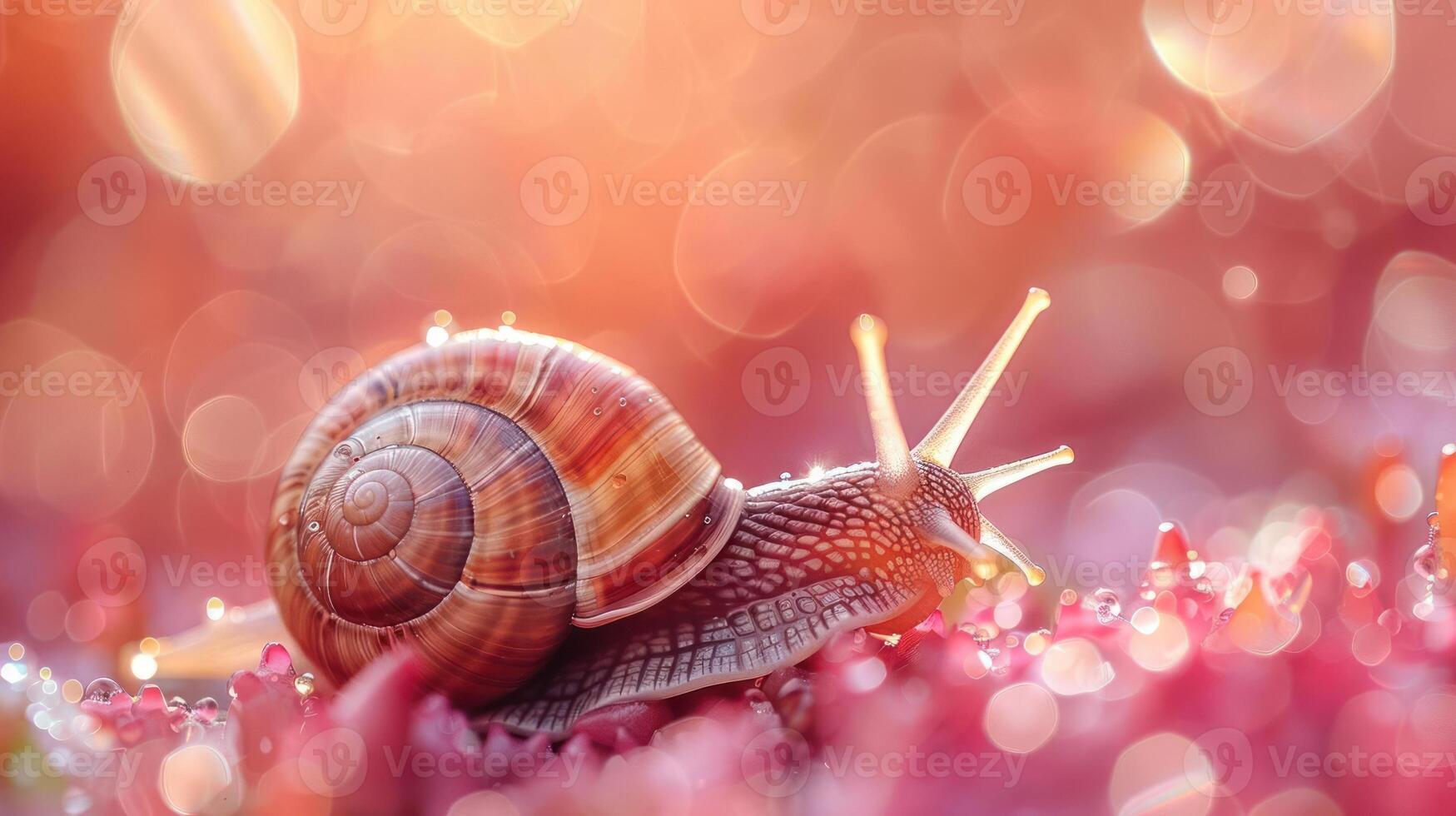A snail with a shell on top of pink flower petals photo