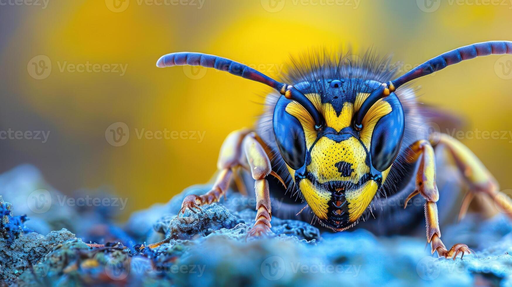 A close-up shot of a yellow and black bee. photo