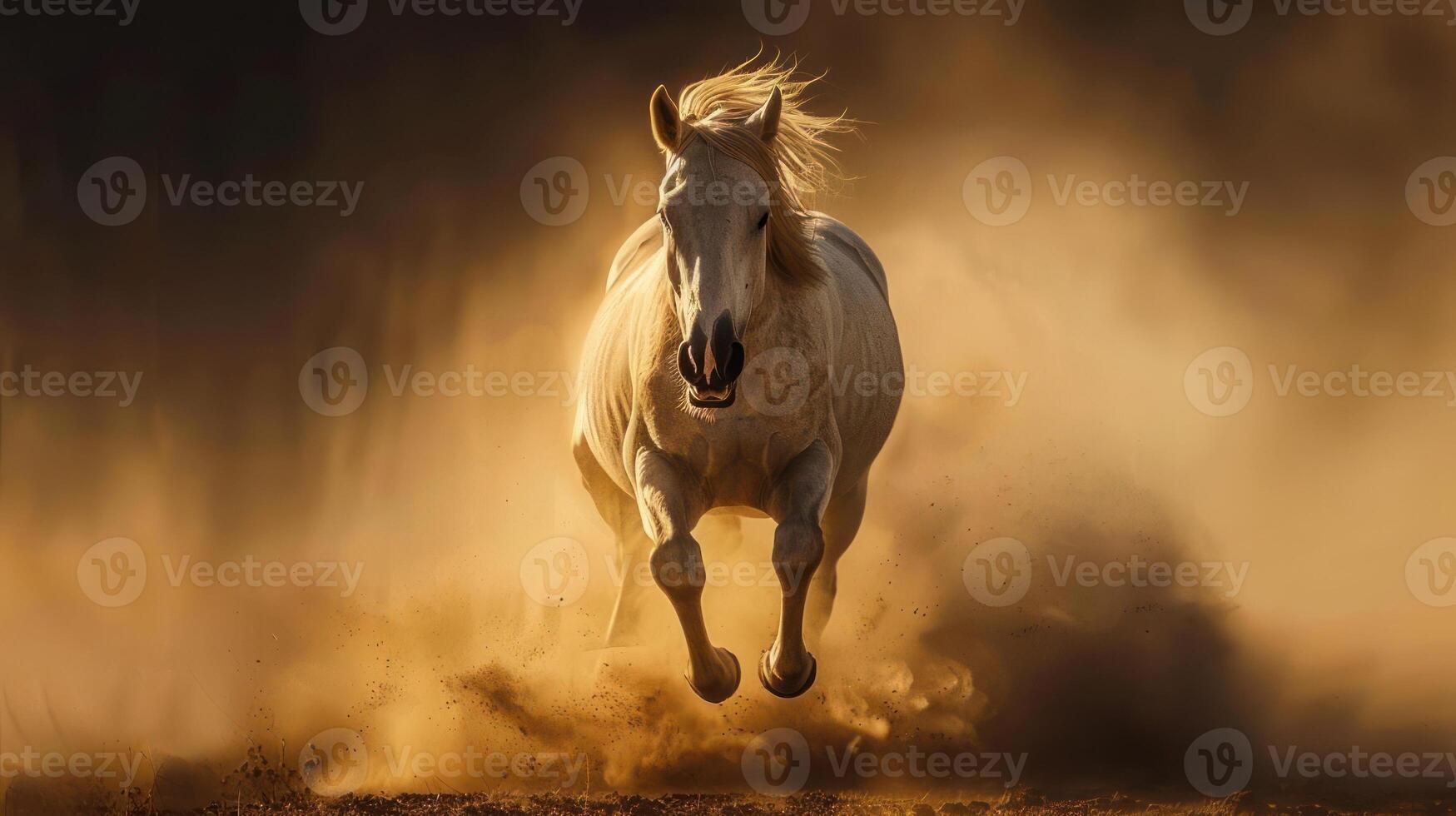 A majestic horse running through a cloud of dust photo