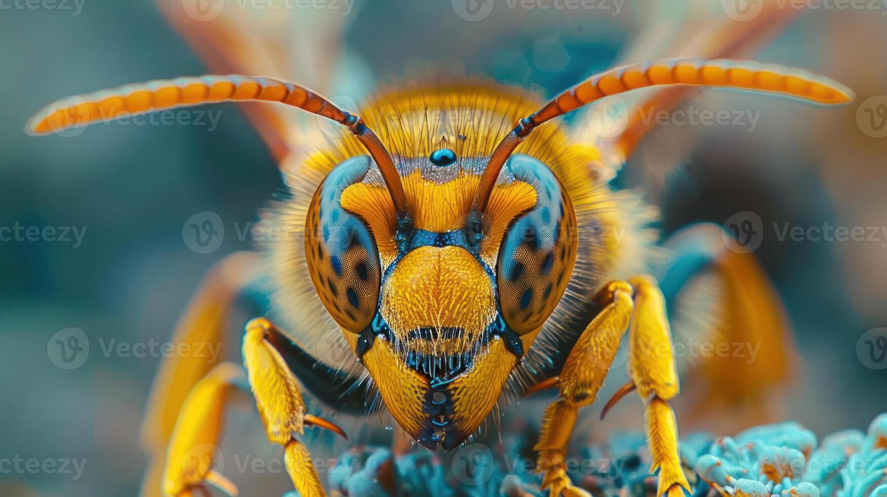 Close-up of a yellow and black bee. photo