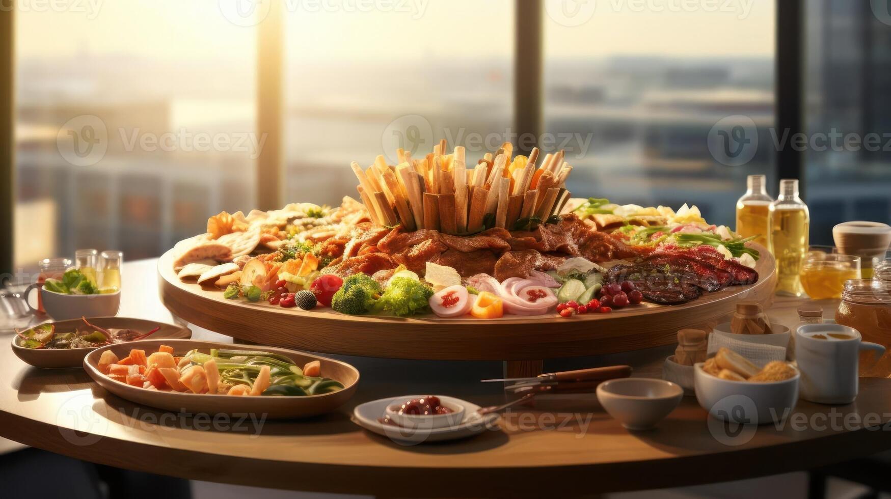 Large round tray filled with assorted food on a table photo
