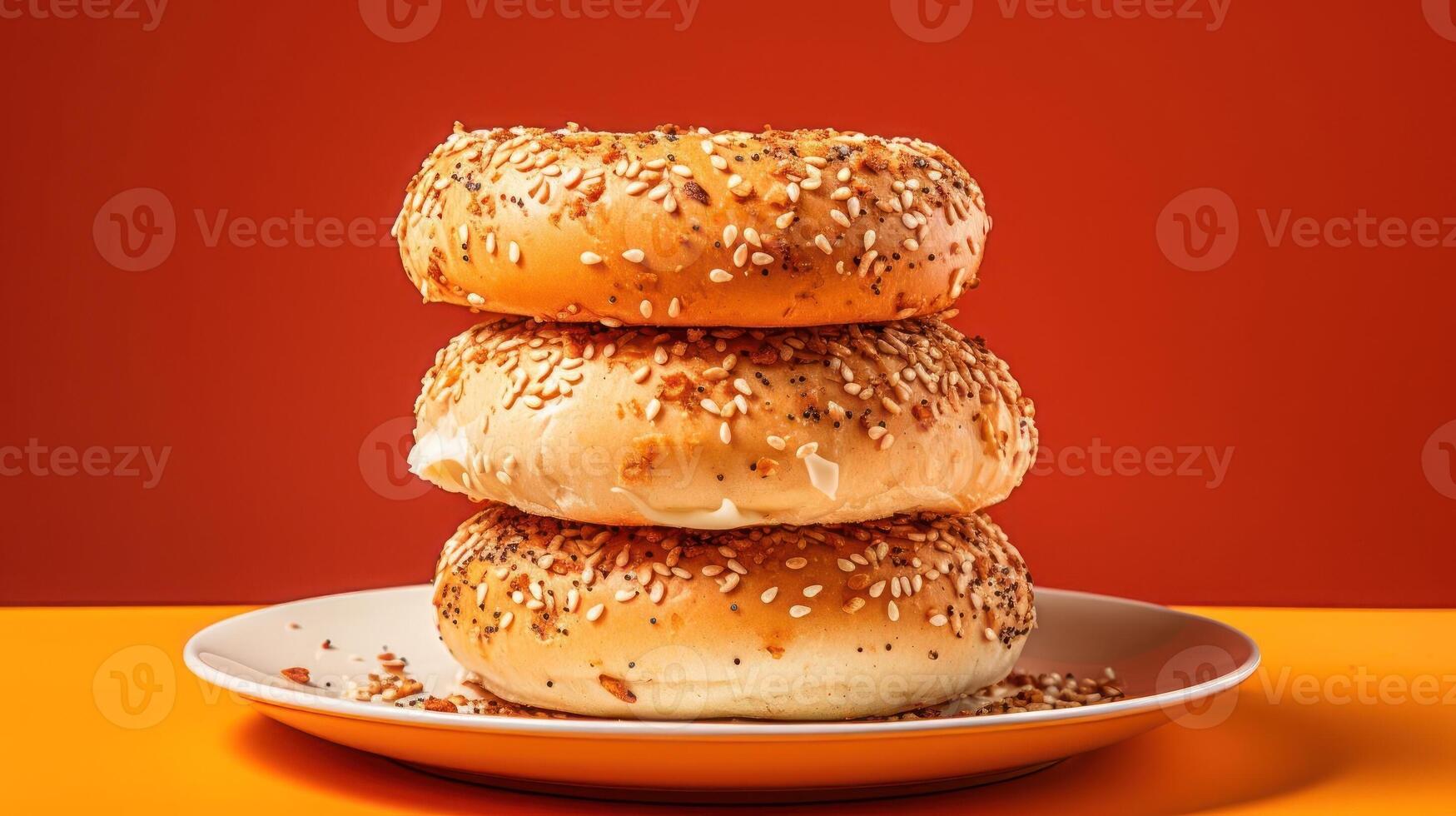 A stack of three bagels on a plate. photo