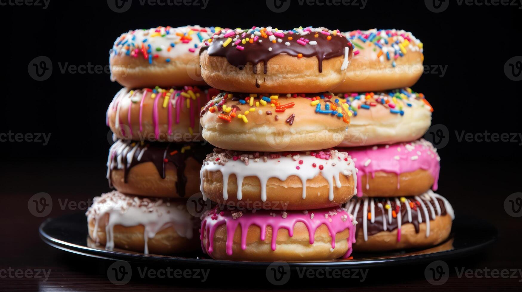 Stack of colorful donuts on a plate photo