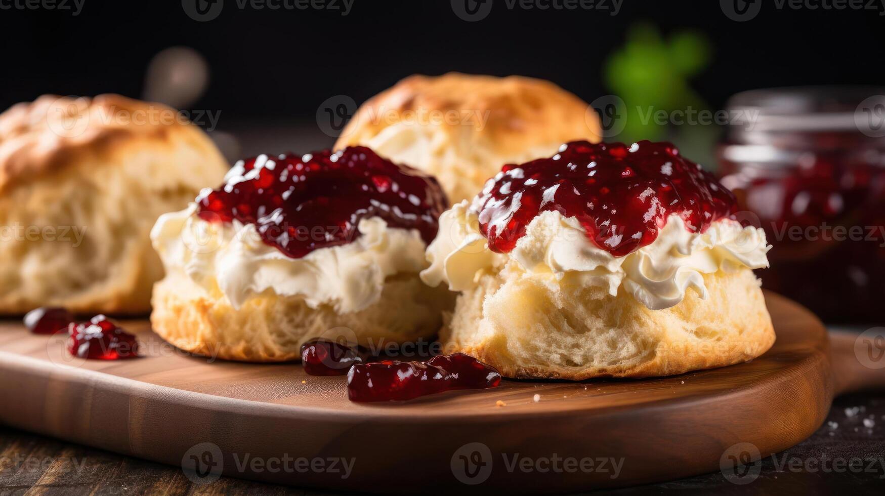 Scones with clotted cream and jam on a wooden board photo