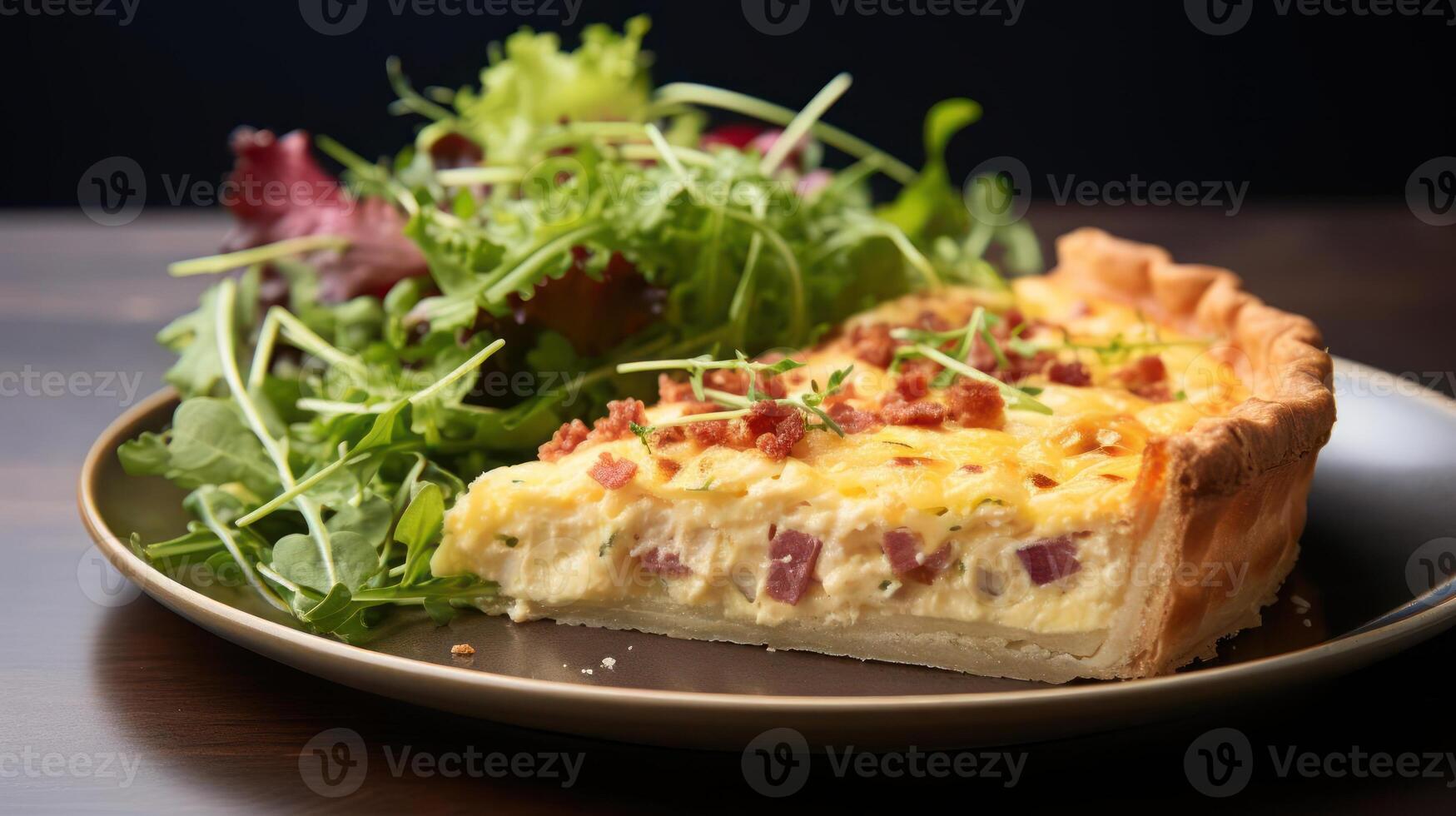A plate of quiche and salad on a table. photo