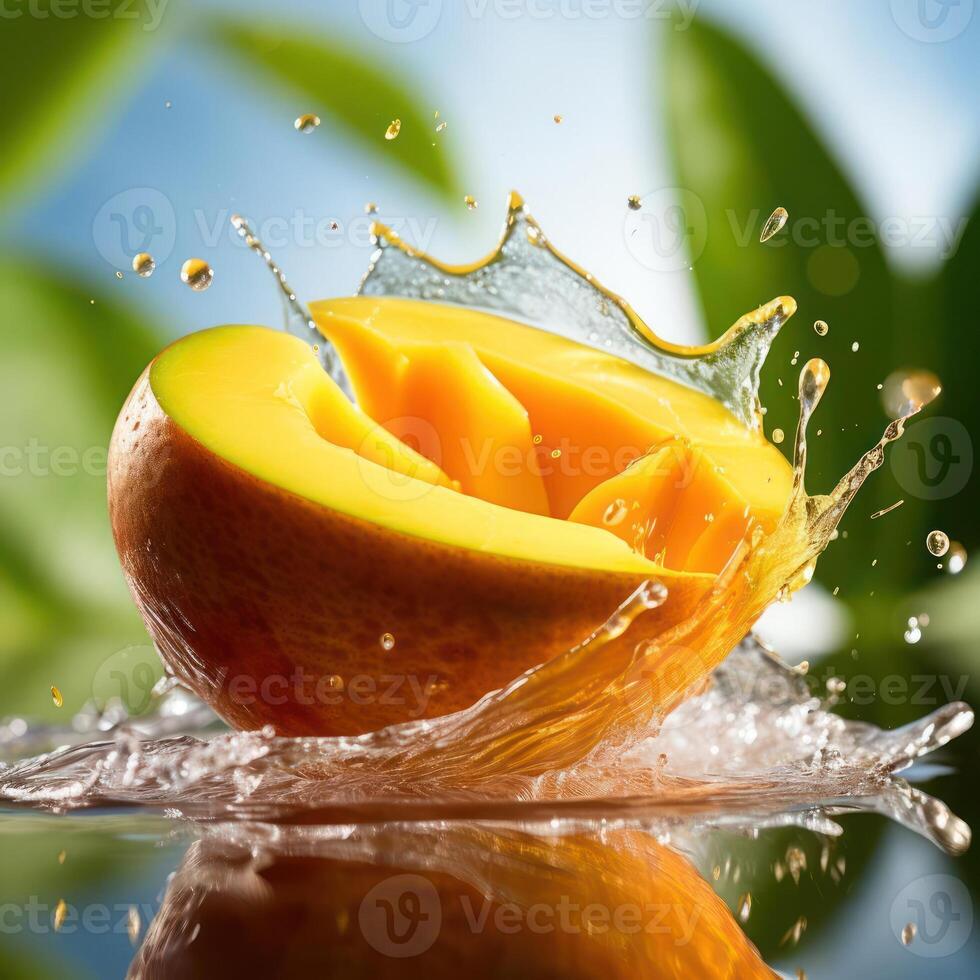 A mango cut in half with water splashing around it. photo