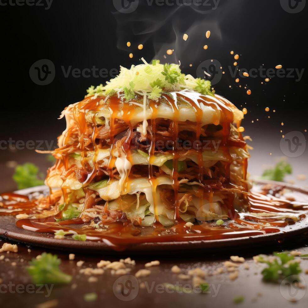 A stack of food with sauce and herbs photo