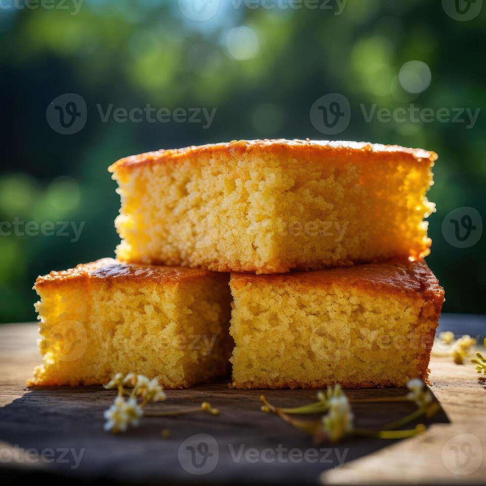 Stack of golden brown cornbread on a wooden cutting board photo