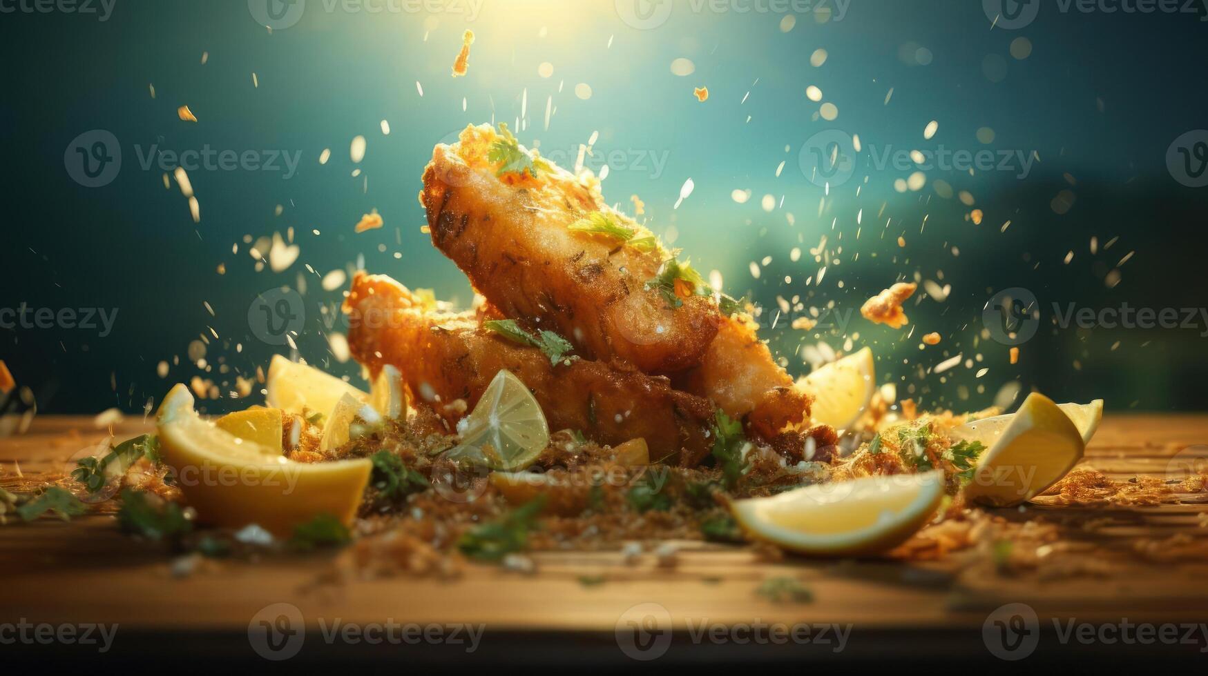 delicious crispy battered fish with tartar sauce and lemon photo