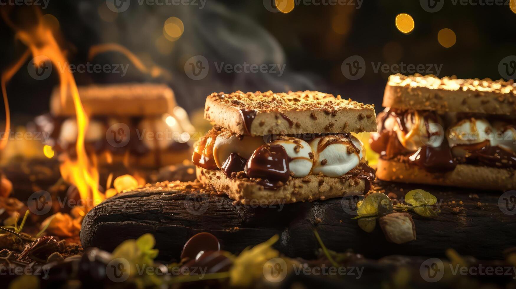 Gourmet s'mores with chocolate and marshmallows on graham crackers. photo