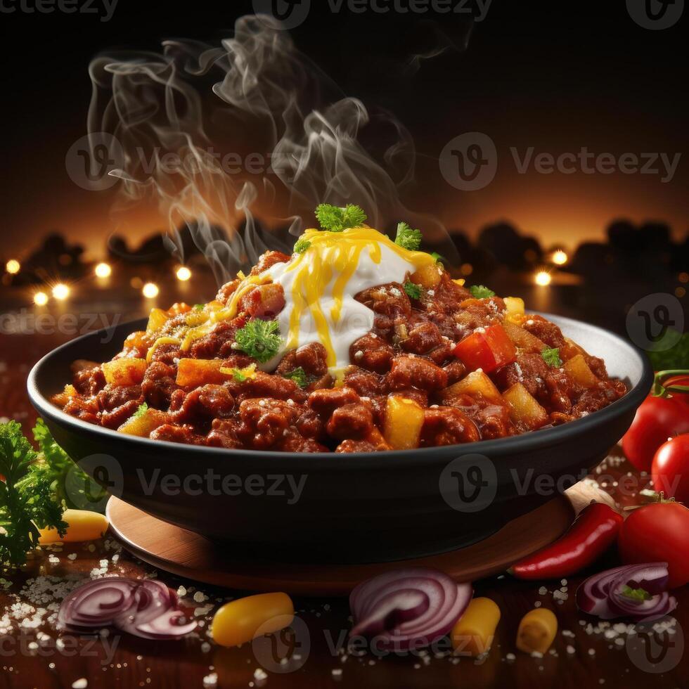 Steaming hot bowl of chili con carne topped with a dollop of sour cream photo