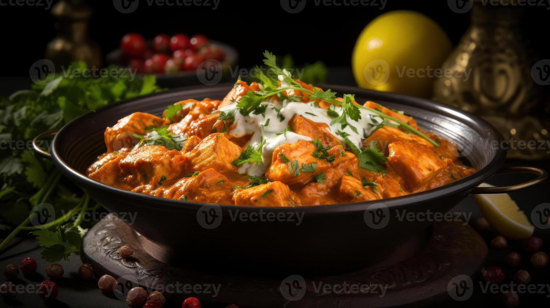 Indian food dish with chicken and herbs in a bowl photo