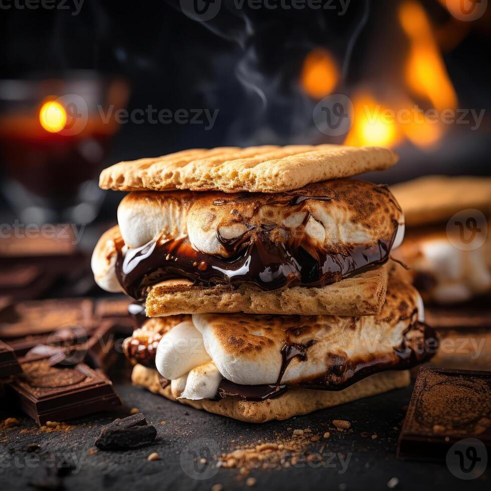 A delicious toasted marshmallow sandwich with chocolate and graham crackers photo