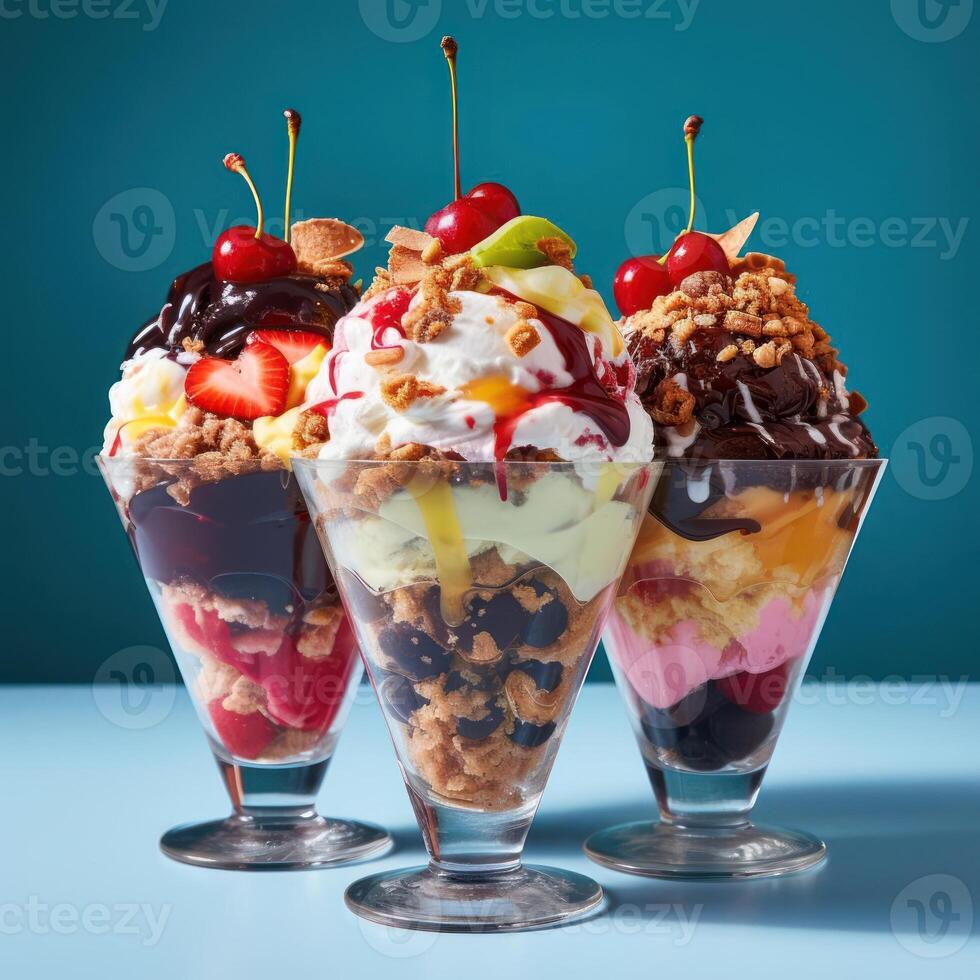 Three glasses of ice cream sundae with whipped cream and cherries photo