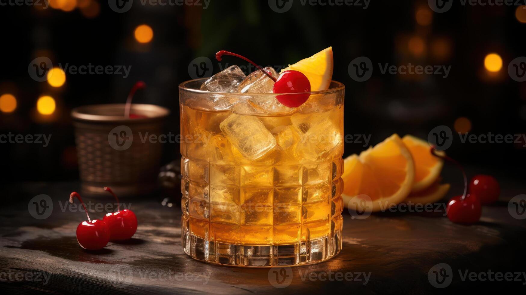 A glass of whiskey cocktail with cherries and orange peel photo