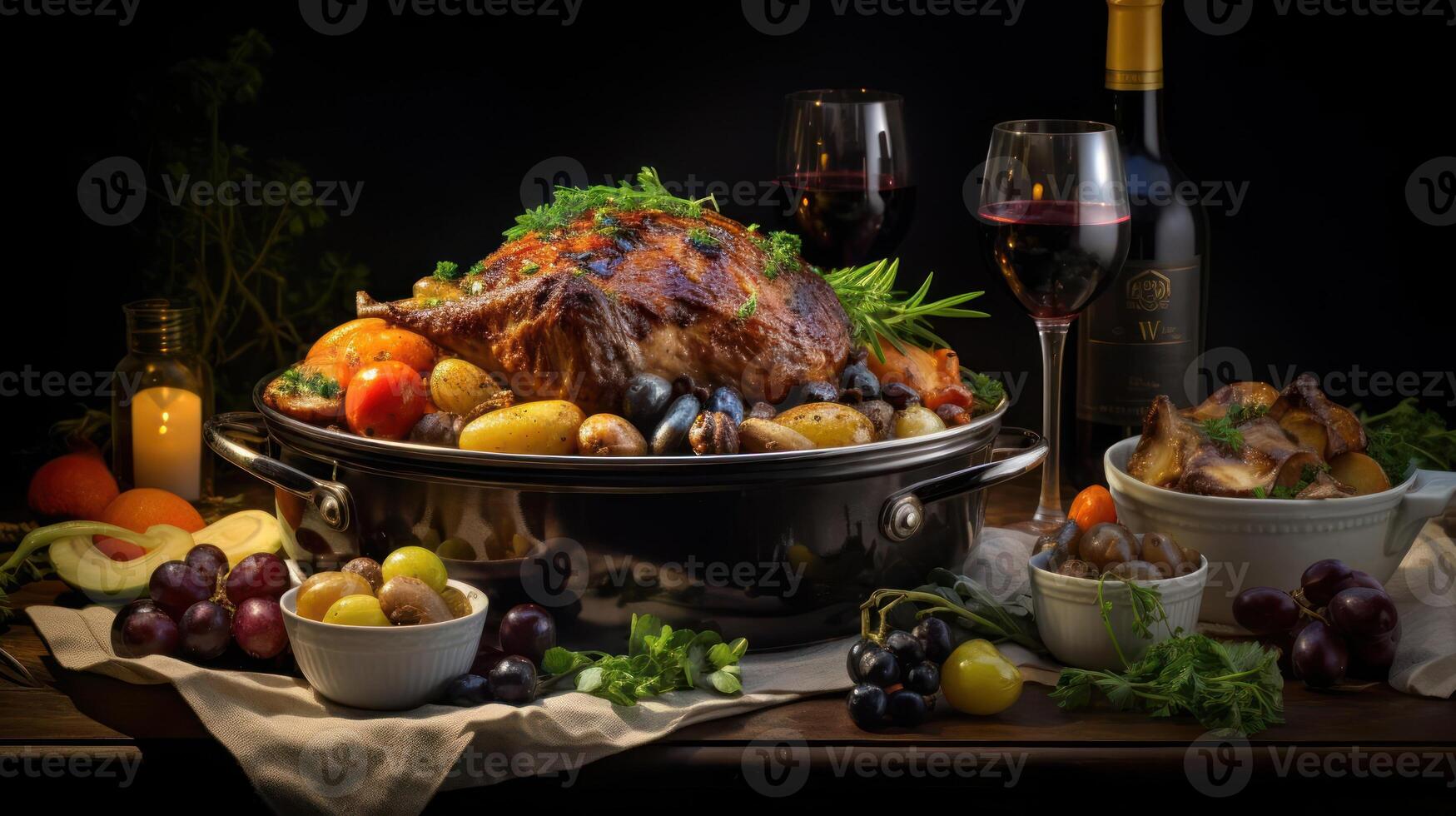 A festive table setting with roasted turkey and wine photo