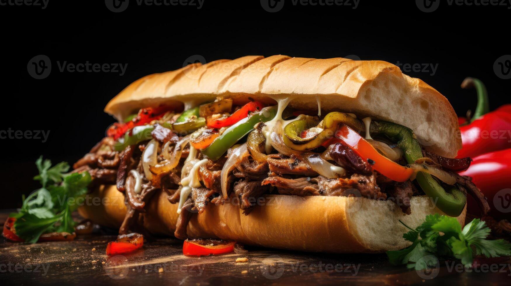 A Philly Cheesesteak Sandwich with peppers and onions photo