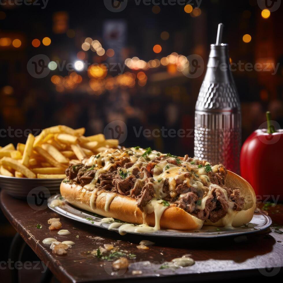 A Philly Cheesesteak Sandwich and Fries on a Wooden Table photo