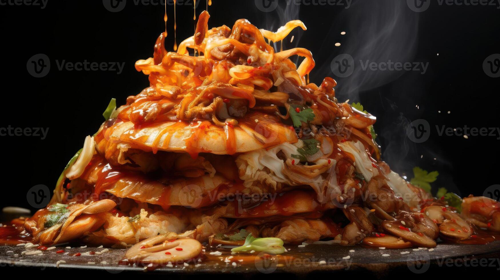 A large pile of food covered with sauce and garnishes. photo