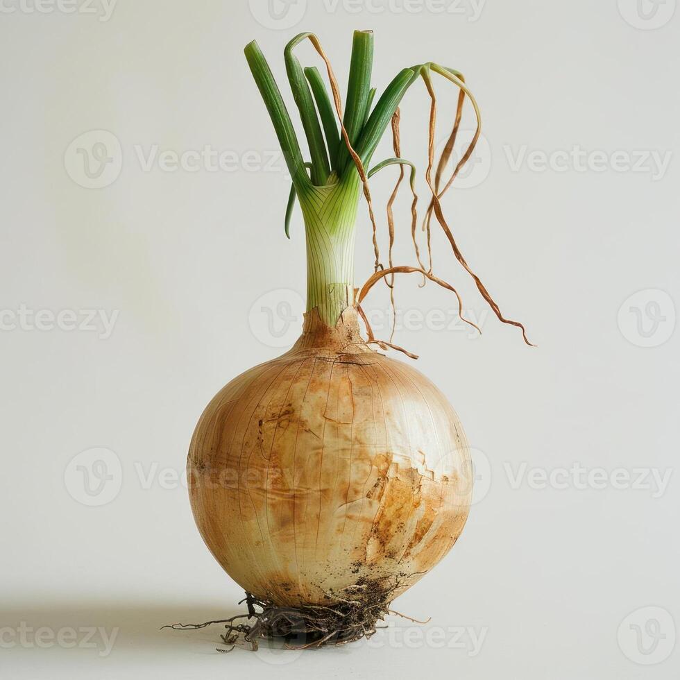 A large onion with green shoots growing out of it photo