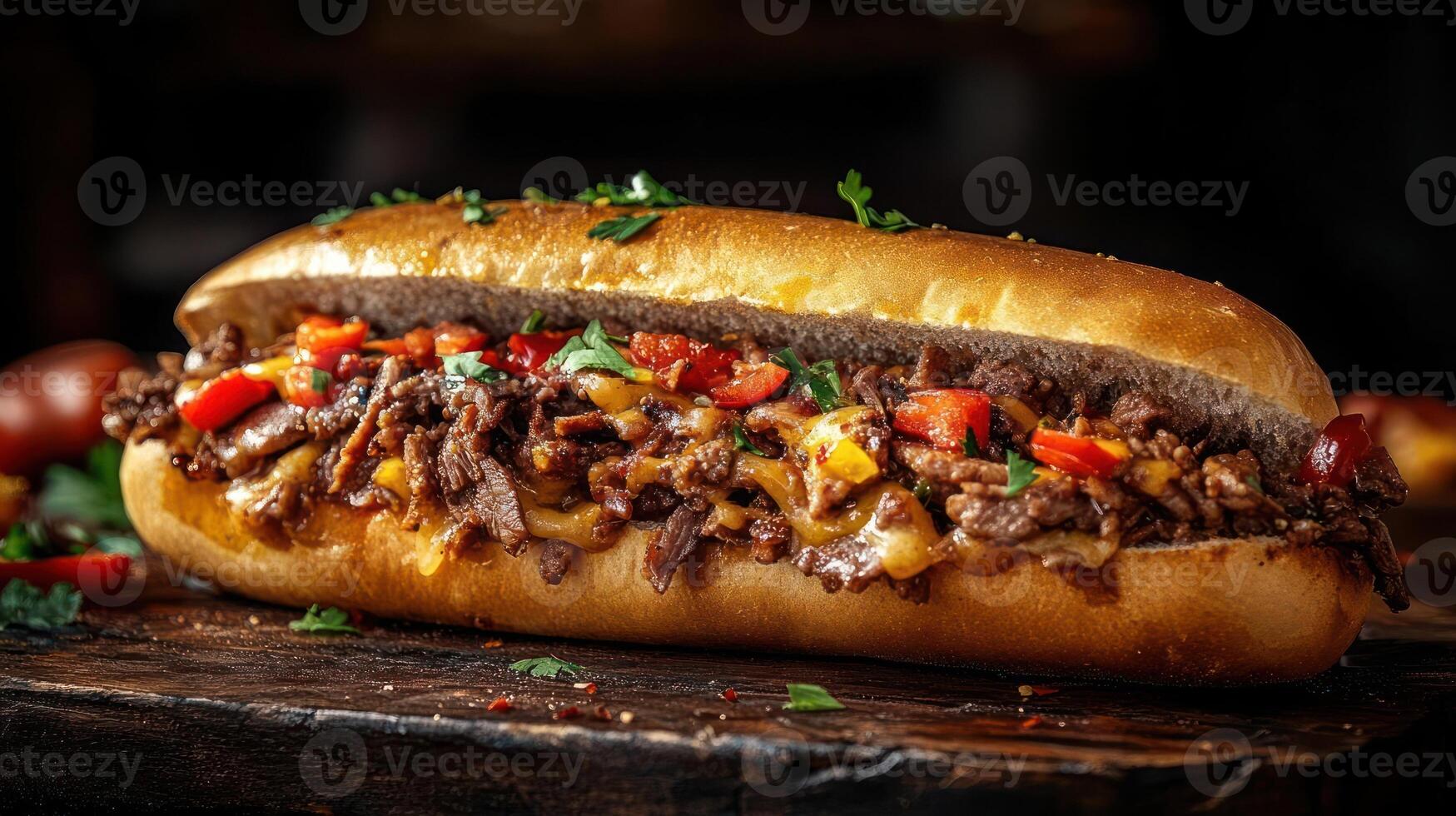 A Cheesesteak Sandwich with peppers and cheese on a hoagie roll photo