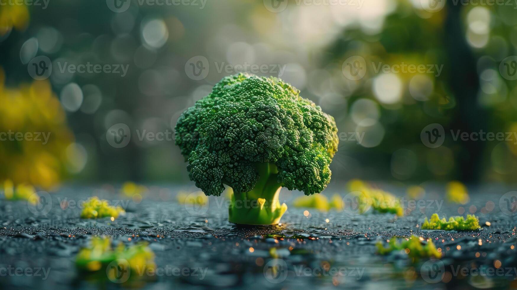 A small head of broccoli on a wet surface. photo