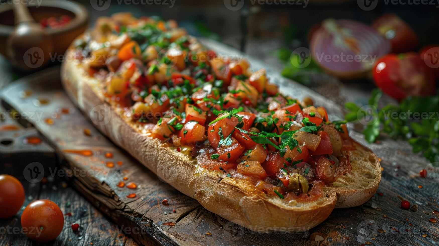 Delicious bruschetta with fresh tomatoes and herbs on a rustic wooden board. photo