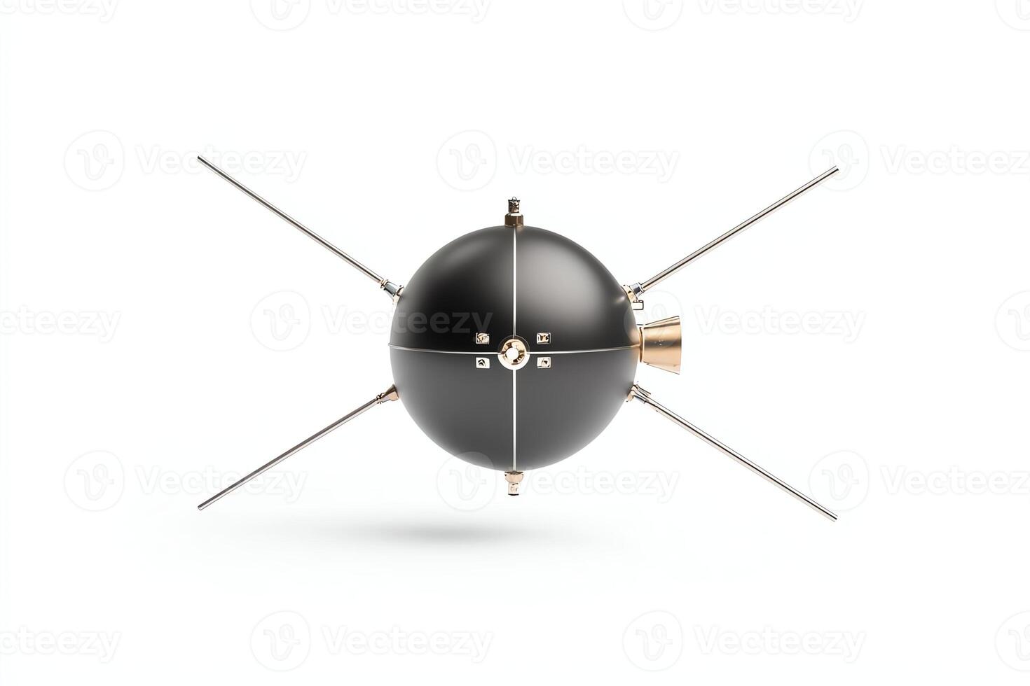 A 3D rendering of a satellite model showcasing its spherical body and antennae. Ideal for technology and space exploration themes in educational and promotional materials. photo