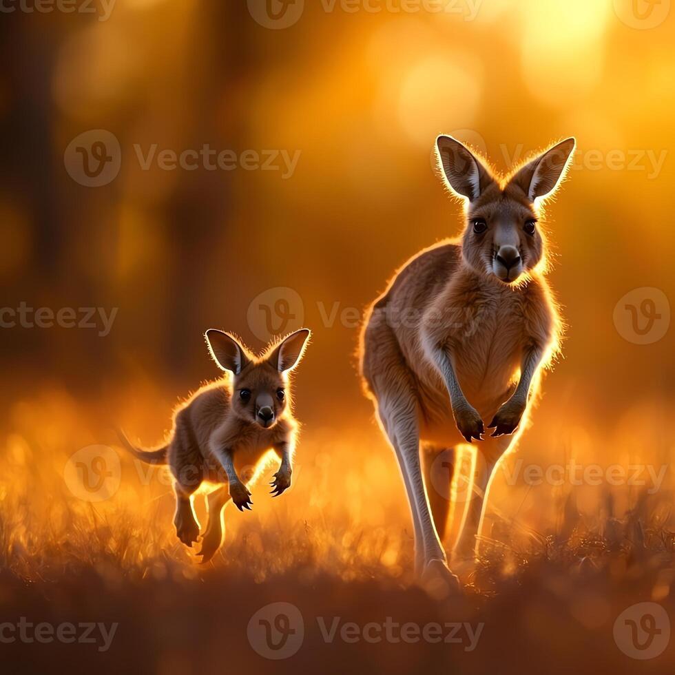 A beautiful sunset scene featuring a mother kangaroo and her joey enjoying the golden light as they run through the grass. This heartwarming moment captures the joy of nature. photo