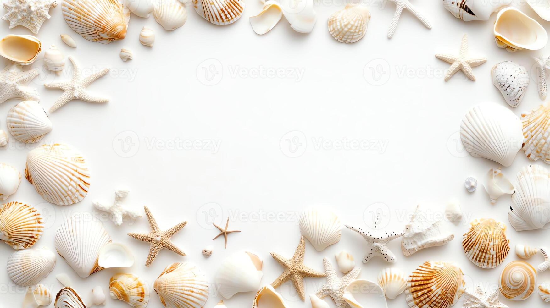 A beautiful arrangement of shells and starfish creates a natural frame for your creative projects. Perfect for summer themes, beach events, and seaside inspirations. photo